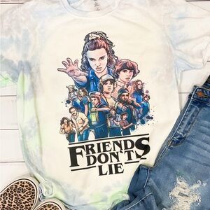 Stranger Things Graphic Tie Dye Tee with 'Friends Don't Lie' Design